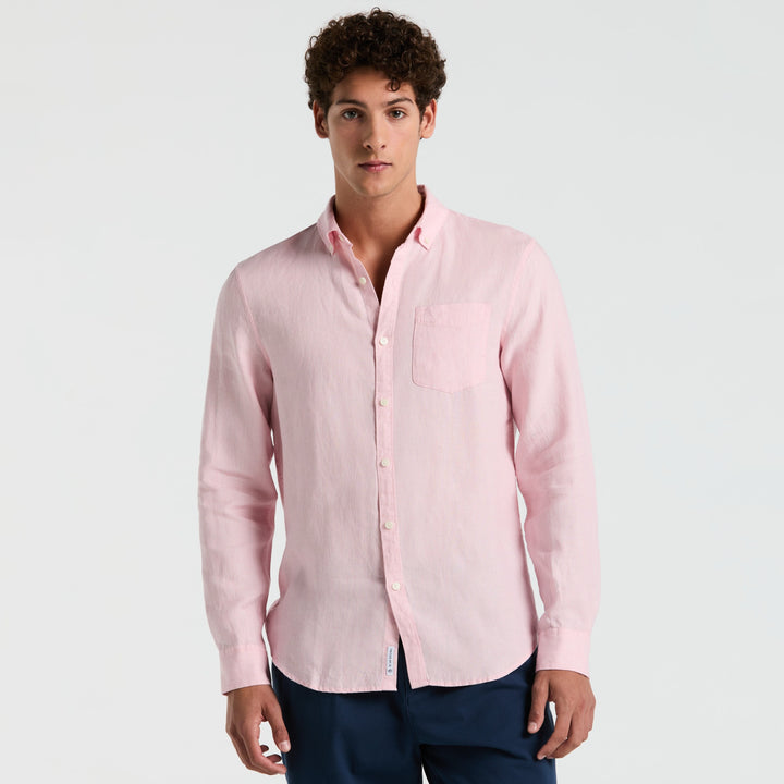 Camisa Manga Larga Lino Delave Con Bolsillo