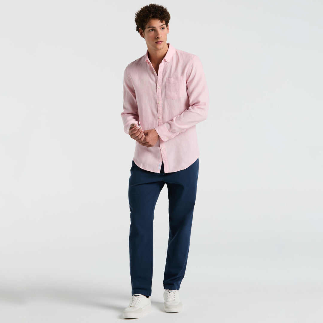 Camisa Manga Larga Lino Delave Con Bolsillo