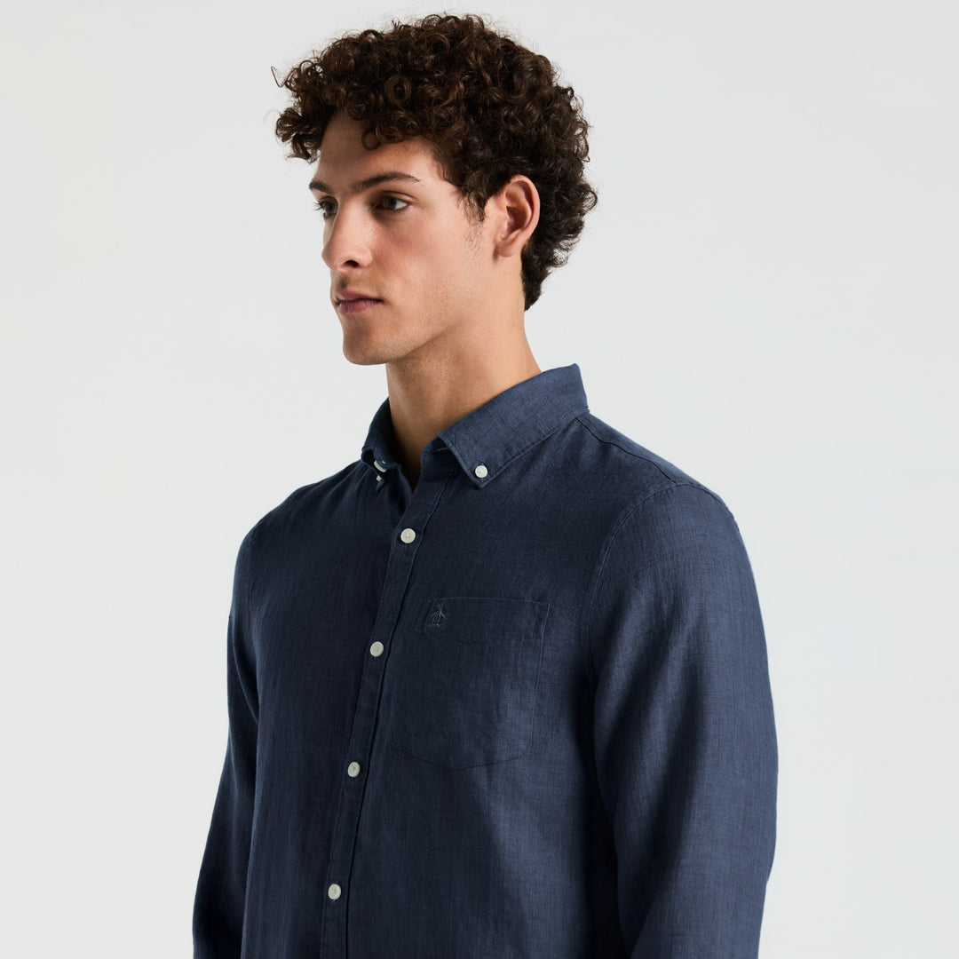 Camisa Manga Larga Lino Delave Con Bolsillo