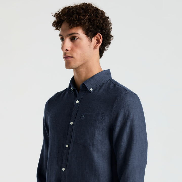 Camisa Manga Larga Lino Delave Con Bolsillo