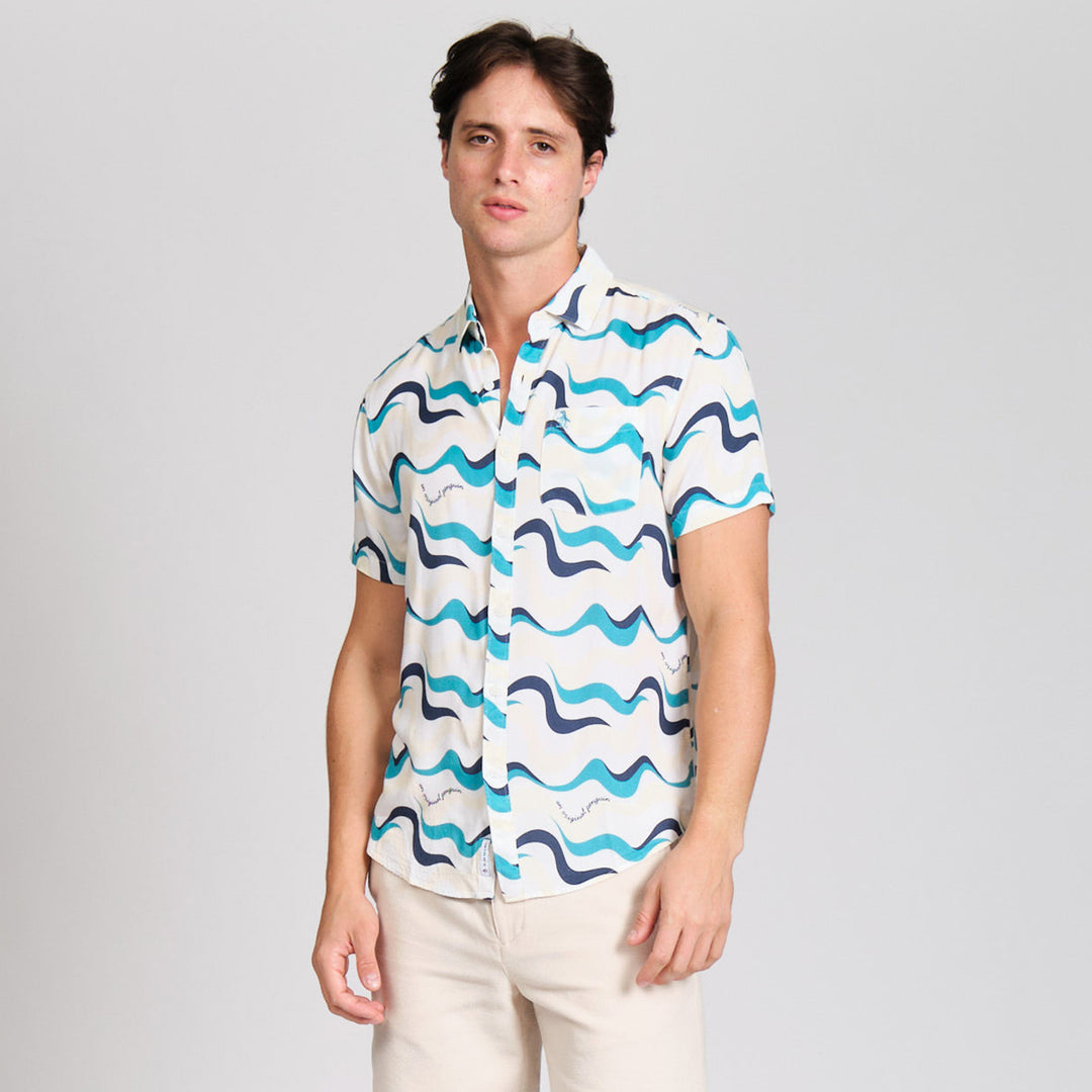 Camisa Manga Corta De Viscosa Full Print Multi Olas