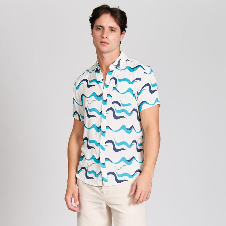 Camisa Manga Corta De Viscosa Full Print Multi Olas