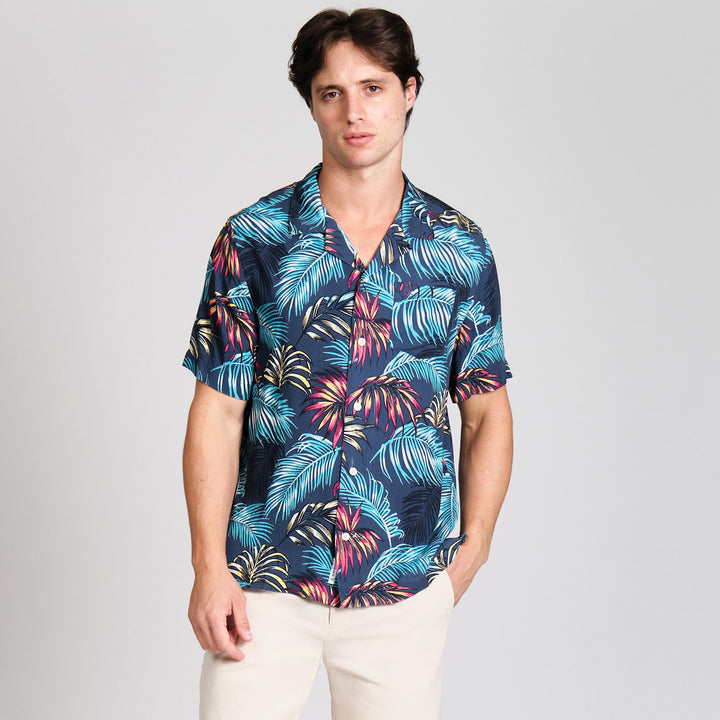 Camisa Manga Corta De Viscosa Full Print Hojas De Palmera