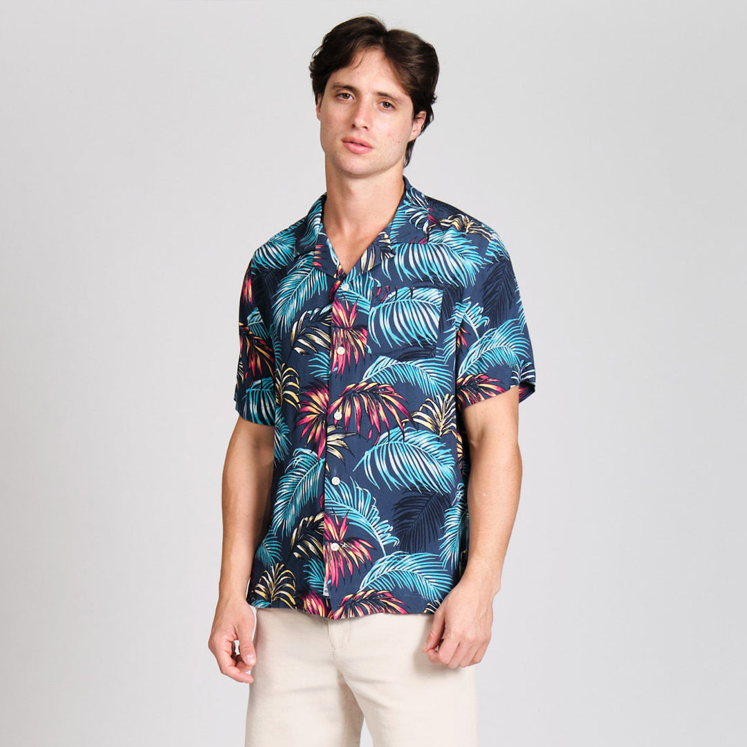 Camisa Manga Corta De Viscosa Full Print Hojas De Palmera