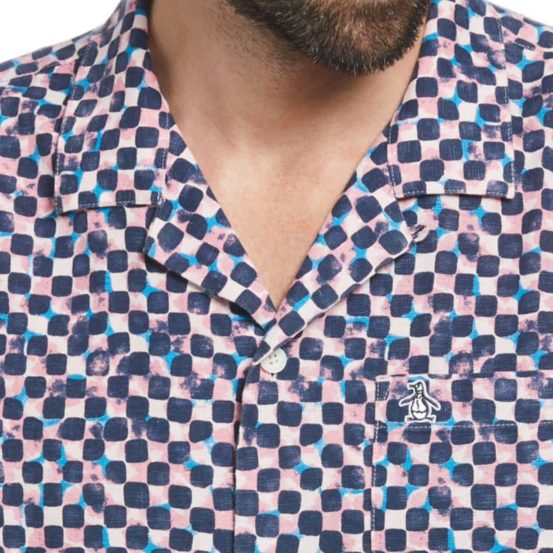 Camisa Manga Corta Premium Con Estampado De Azulejos En Mezcla De Lino